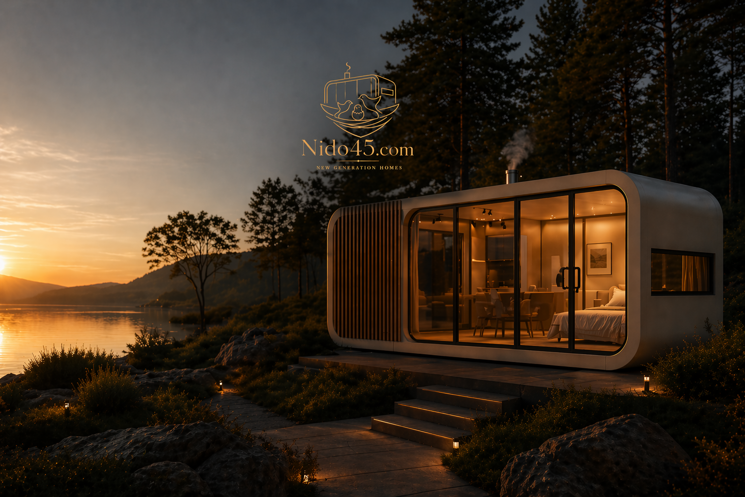 Nido45 - Luxury capsule home at sunset by a serene lake surrounded by pine forest