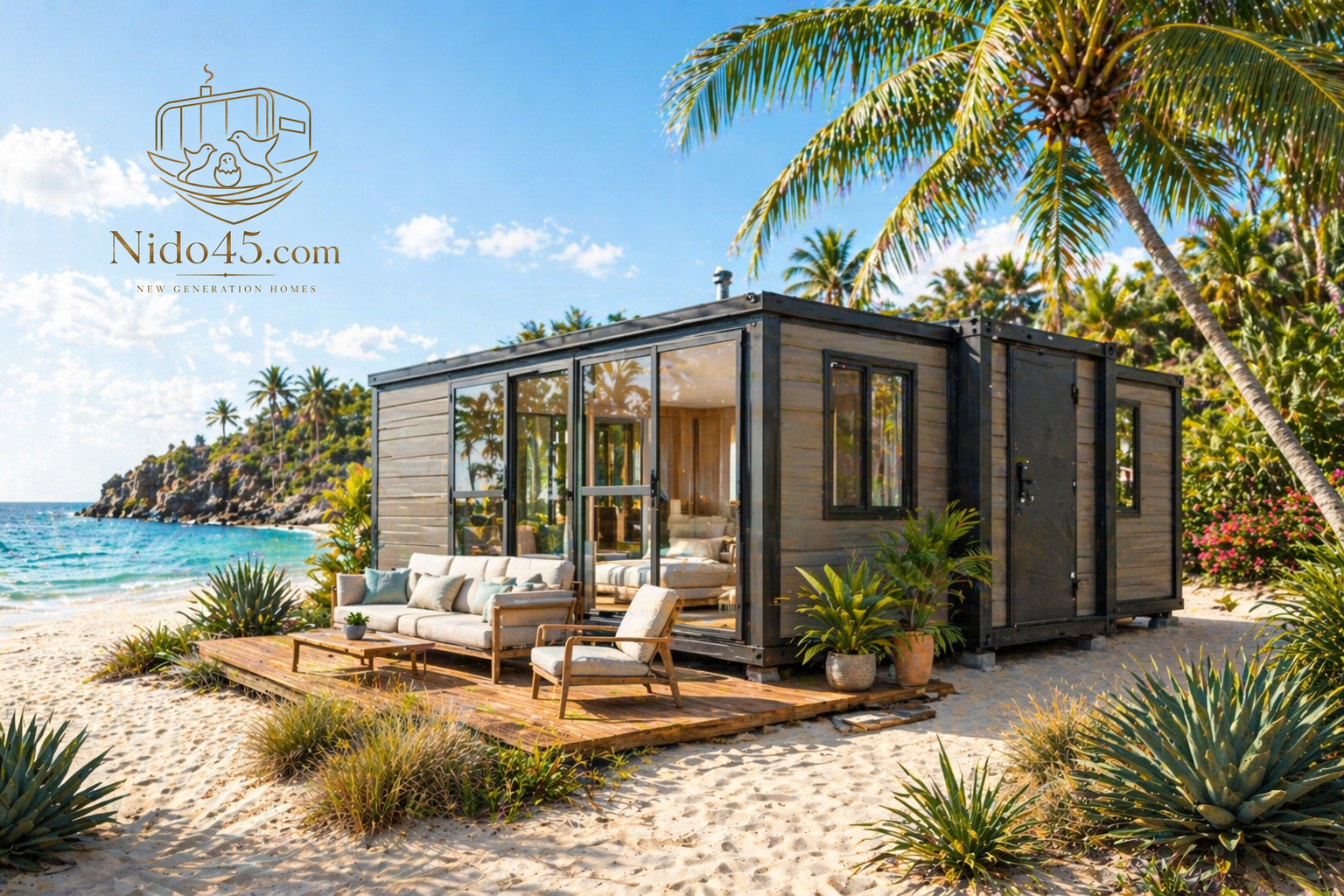 Nido45 - Tropical beach house with wooden deck terrace and outdoor lounge on white sand