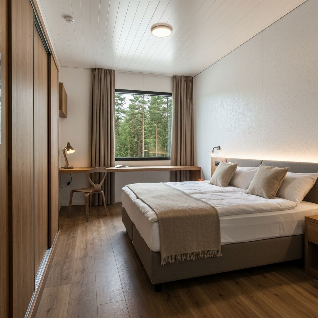 Modulo Basico 15m2 - Dormitorio de lujo con cama, armario y vistas al bosque