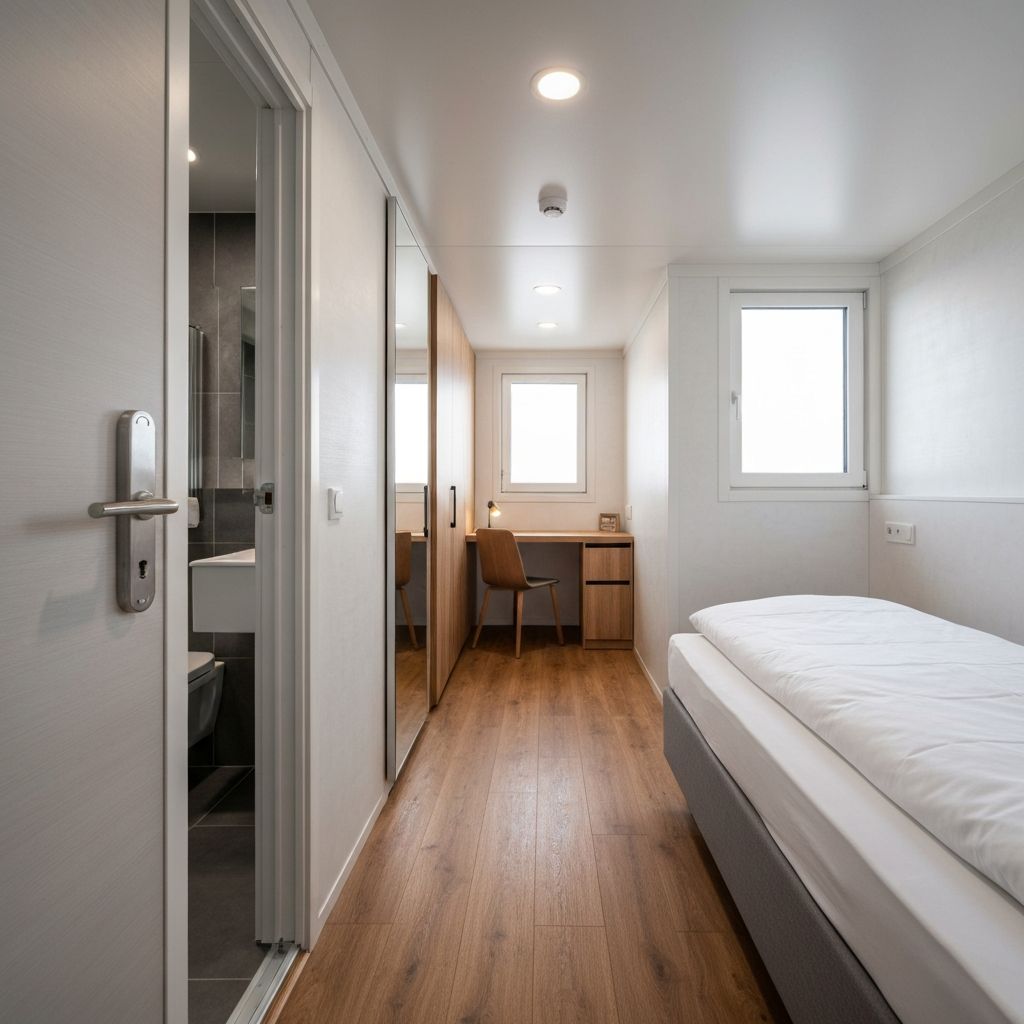 Modulo Basico 15m2 - Interior de lujo con cama, escritorio y bano integrado